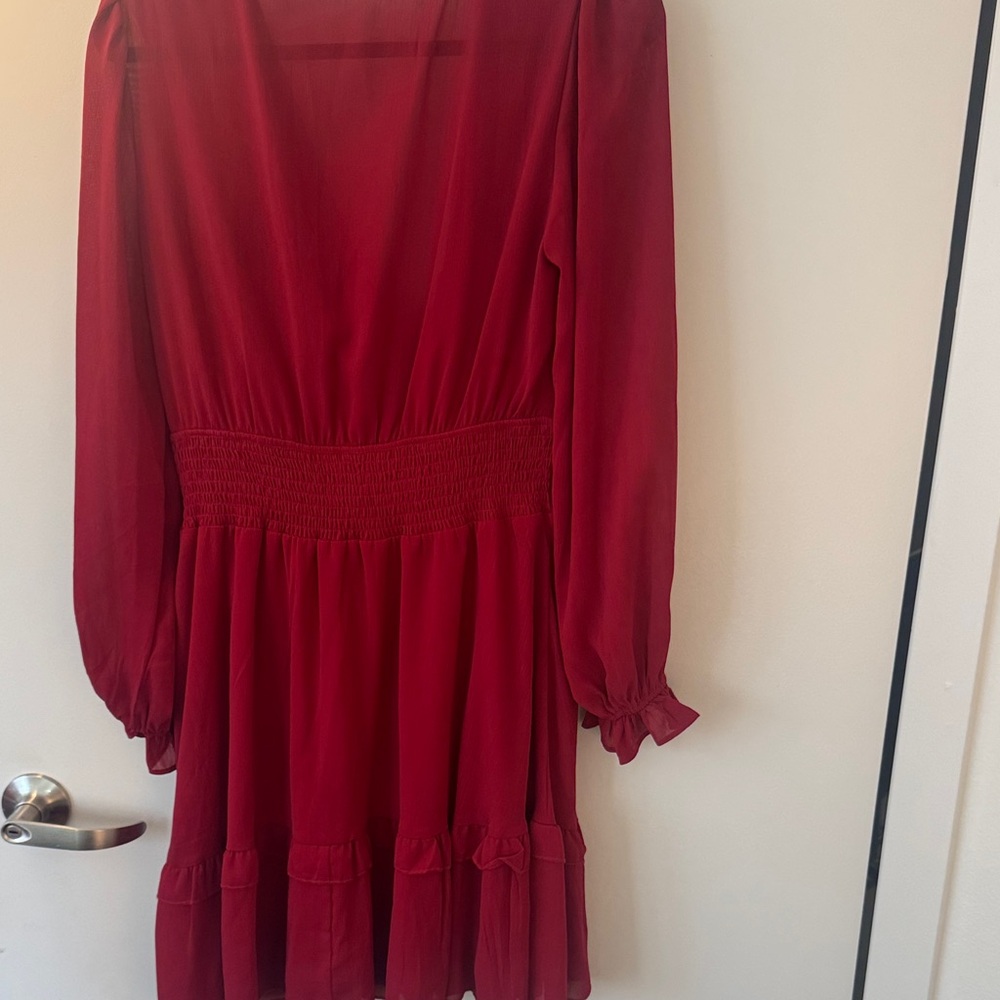 Long-Sleeve Red Smocked-Waist Mini Dress